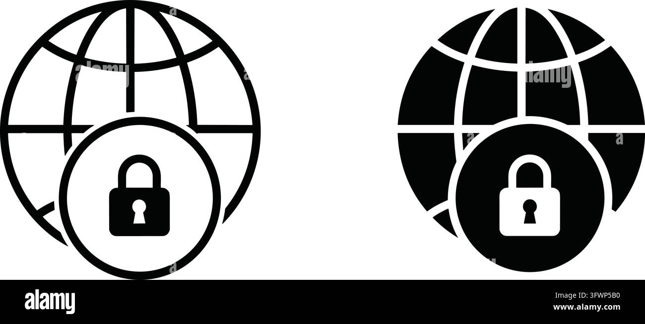 Illustrazione del concetto di sicurezza della rete globale, elementi di design grafico piatto della serratura web in bianco e nero. Illustrazione Vettoriale