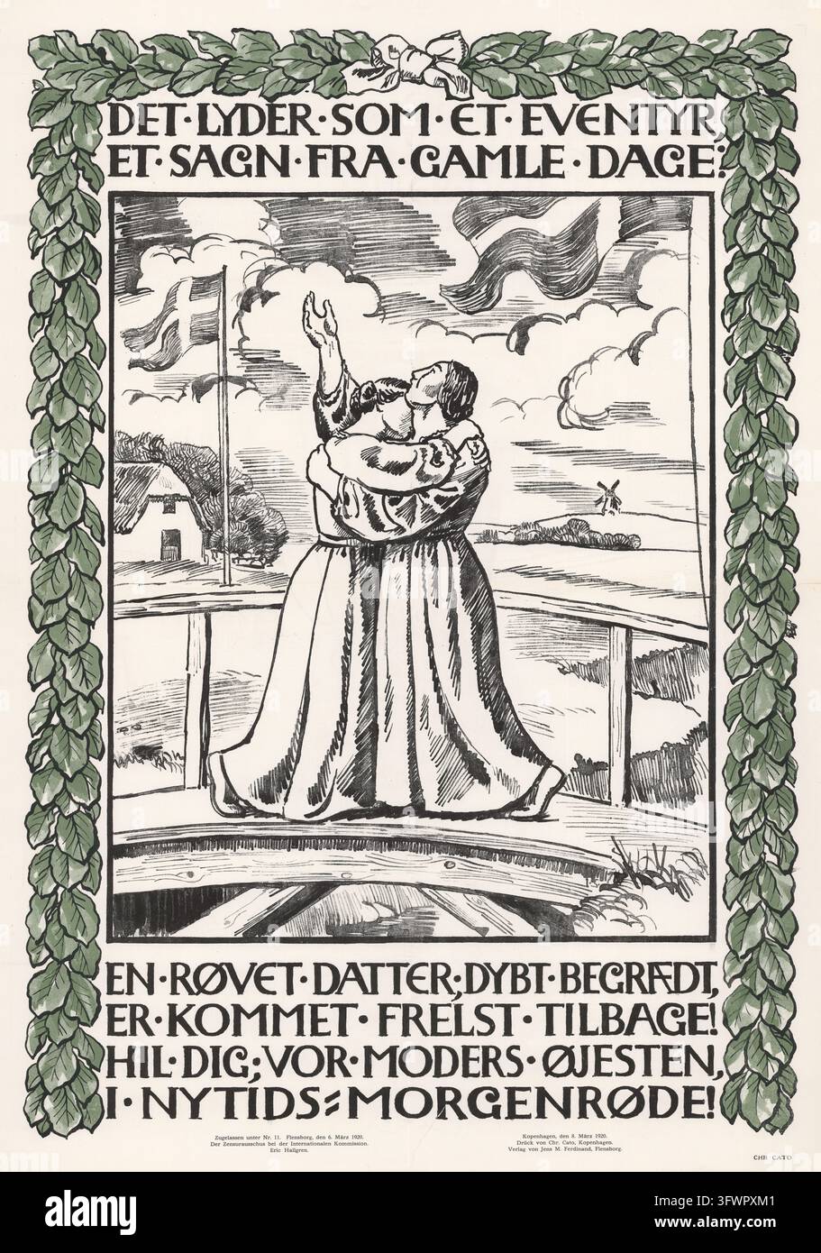 Un poster politico danese del 1920 che commemora la riunificazione dello Schleswig settentrionale con la Danimarca dopo il plebiscito del dopoguerra mondiale. Il monocolo Foto Stock