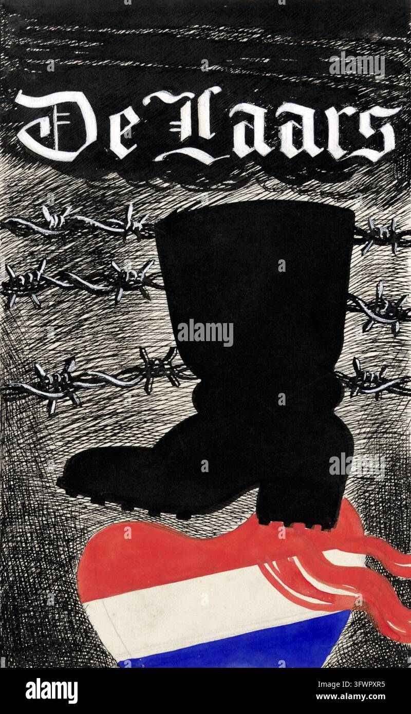Un'illustrazione della resistenza olandese della Seconda Guerra Mondiale degli anni '40 intitolata "De Laars" (Lo Stivale). Il design raffigura uno stivale militare nero che calpesta una D Foto Stock