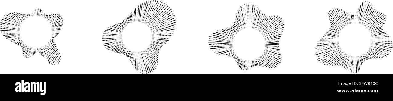 Set di onde sonore con esplosioni radiali circolari e forme d'onda orizzontali. Illustrazione Vettoriale