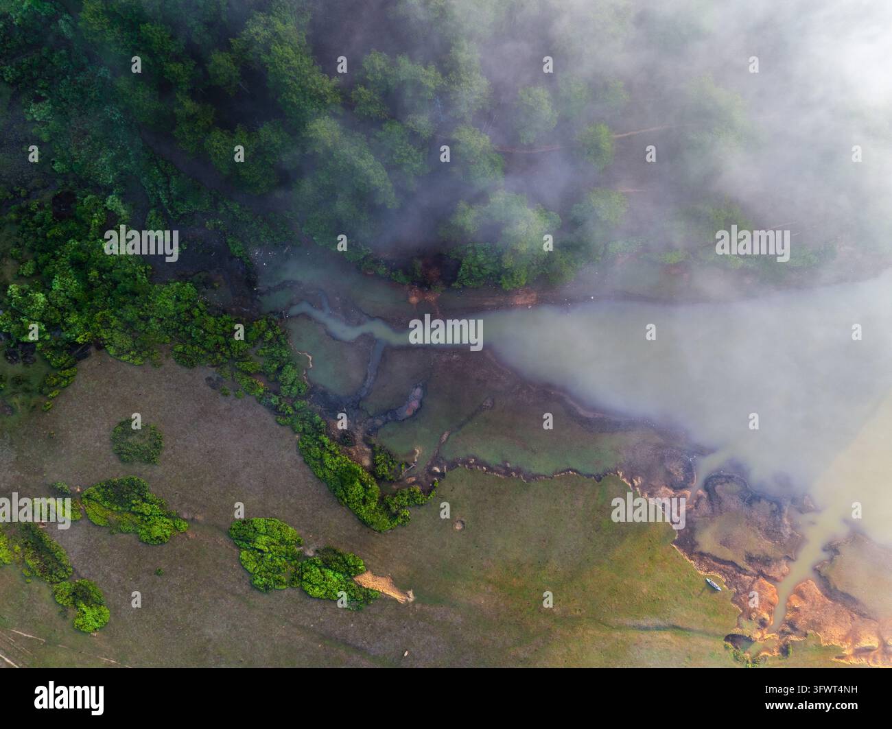 Vista aerea del nebbioso lago Xuan Huong circondato da alberi verdi rigogliosi e rive erbose a Da Lat, Lam Dong, Vietnam. Foto Stock