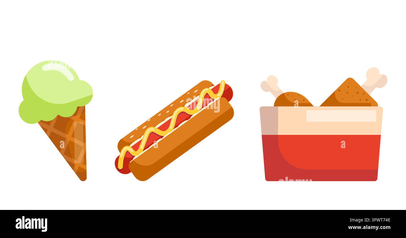 Set di fast food con gelato, hot dog e pollo fritto illustrazione vettoriale Illustrazione Vettoriale
