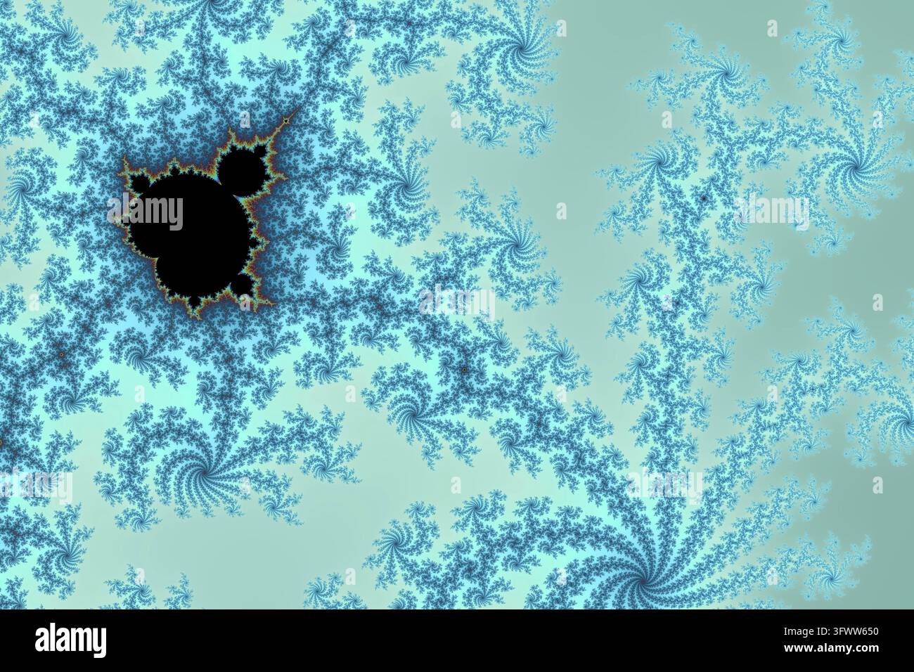 Set Mandelbrot che mostra una complessità infinita e una somiglianza di sé in modelli digitali blu e nero in evoluzione Foto Stock