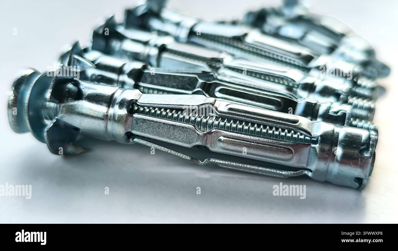 Gruppo di ancoraggi a cavità in metallo disposti ordinatamente su uno sfondo bianco, hardware per la costruzione Foto Stock