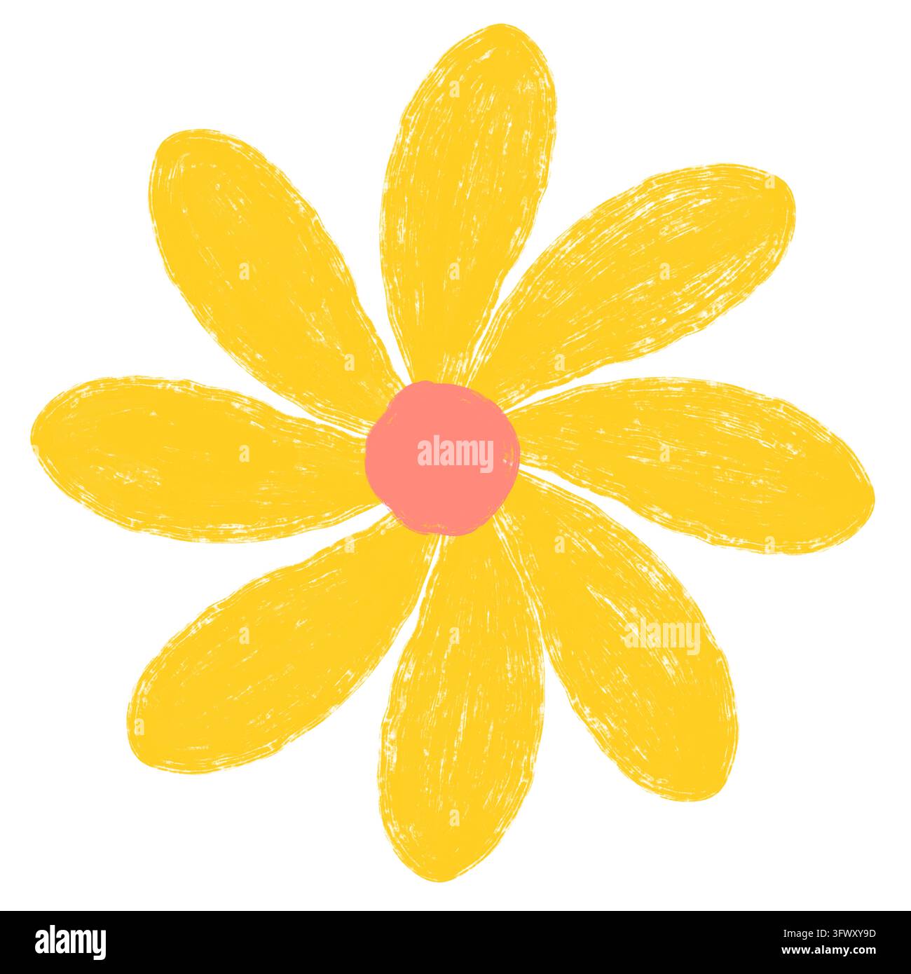 Fiore di margherita giallo retrò disegnato a mano con un centro corallo e una texture simile a quella della pastiglia, un elemento clipart isolato per disegni primaverili, adesivi, ecc. Foto Stock