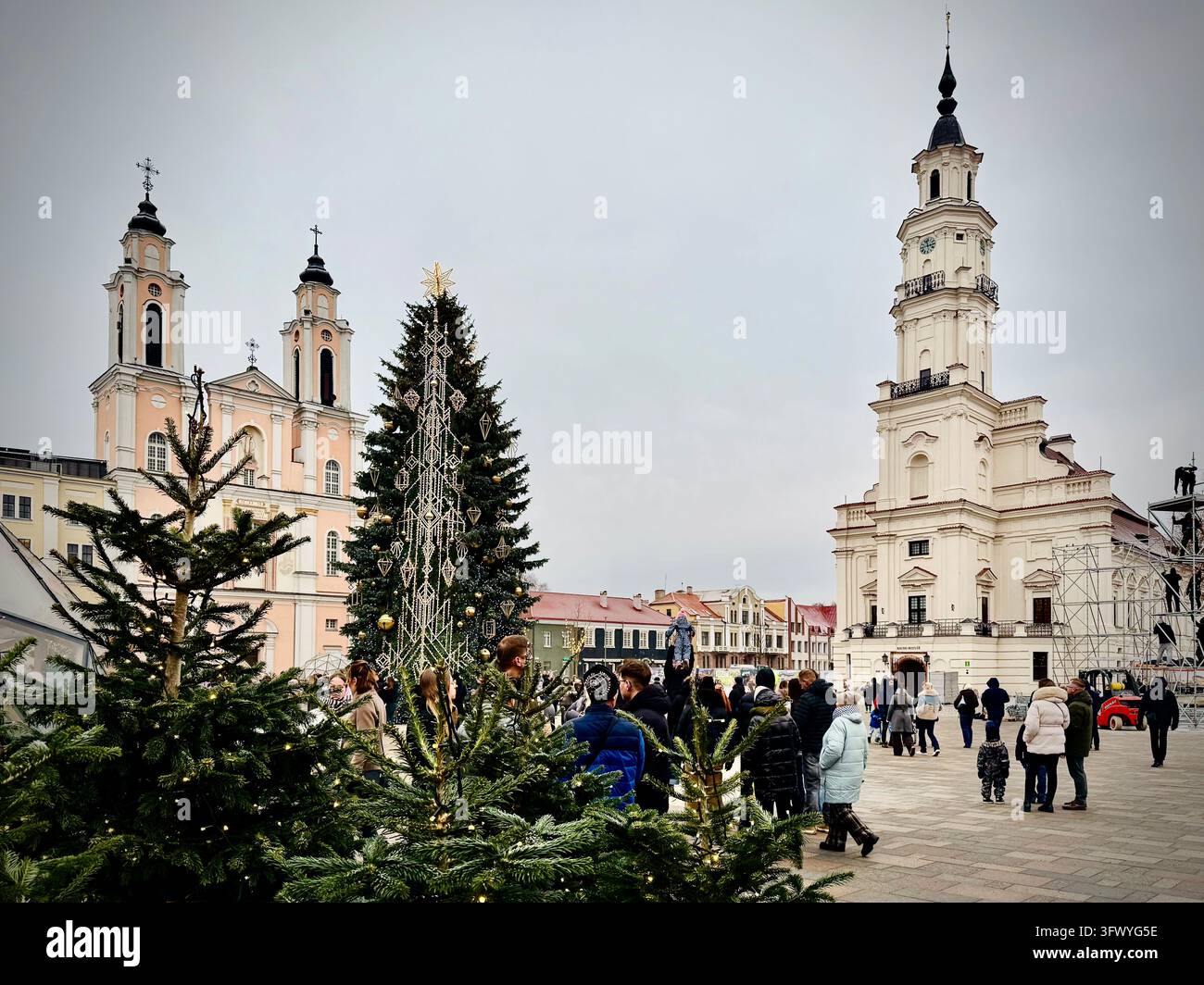 Piazza del Municipio (Rotušės aikštė) a Kaunas, Lituania, con l'albero di Natale decorato affiancato dalla Chiesa di San Francesco Saverio - Immagine stock catturata con smartphone