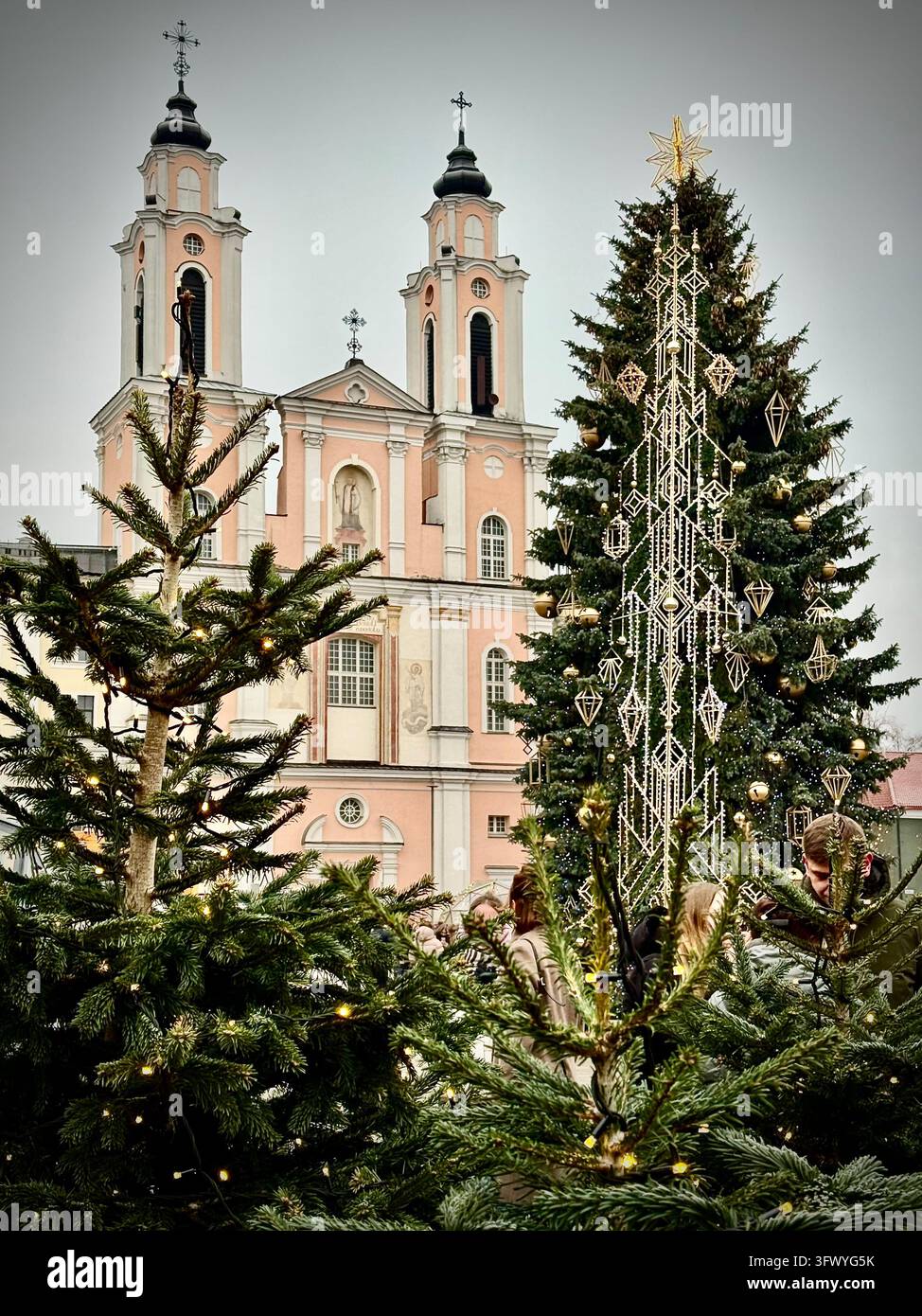 Albero di Natale in Piazza del Municipio (Rotušės aikštė) a Kaunas, Lituania, con le torri gemelle della Chiesa di San Francesco Saverio sullo sfondo - Immagine stock catturata con smartphone