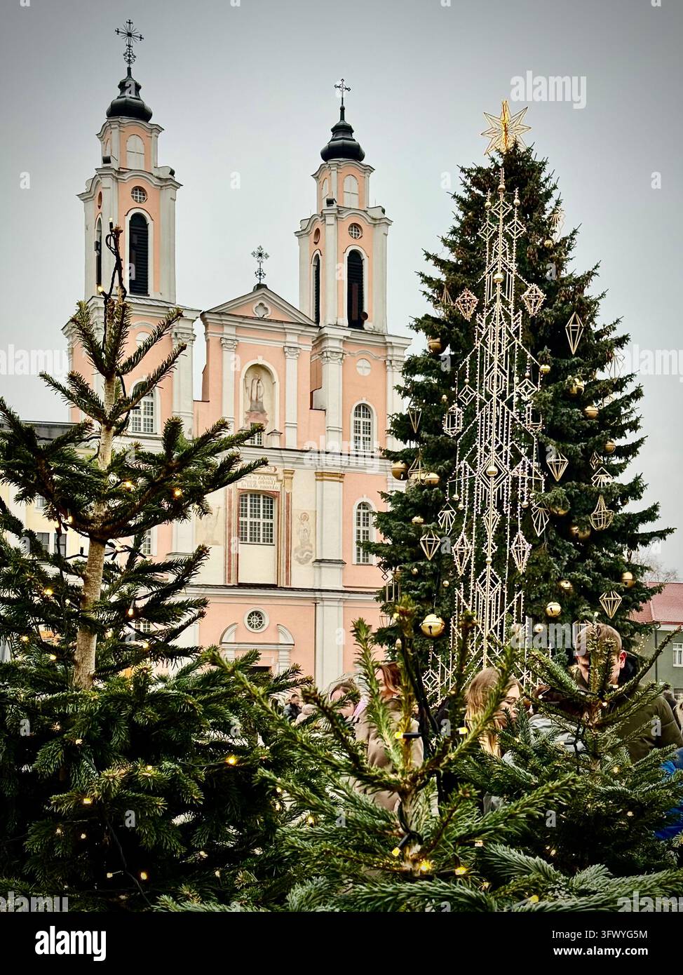 Albero di Natale in Piazza del Municipio (Rotušės aikštė) a Kaunas, Lituania, con le torri gemelle della Chiesa di San Francesco Saverio sullo sfondo - Immagine stock catturata con smartphone