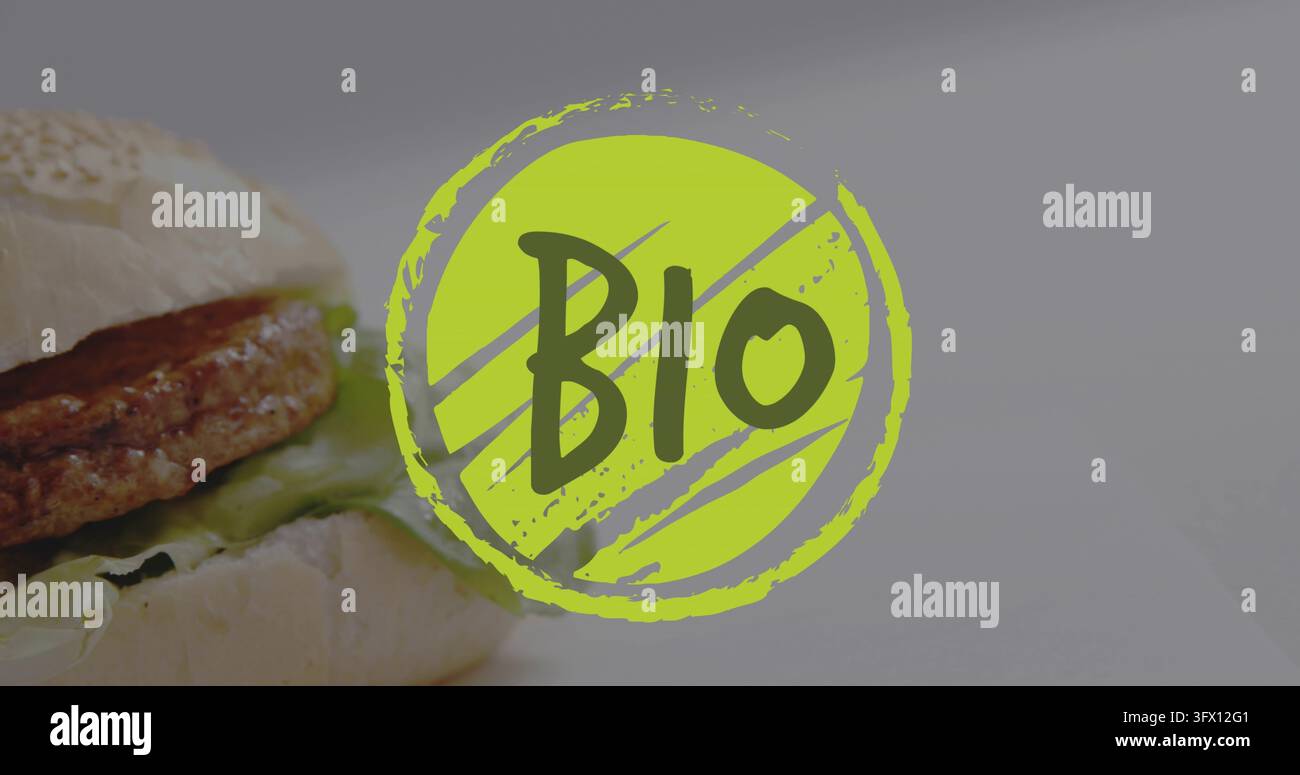 Mostra una grafica di timbro BIO verde lime che occupa il centro su uno sfondo semplice, panino al sesamo, hamburger, lattuga Foto Stock