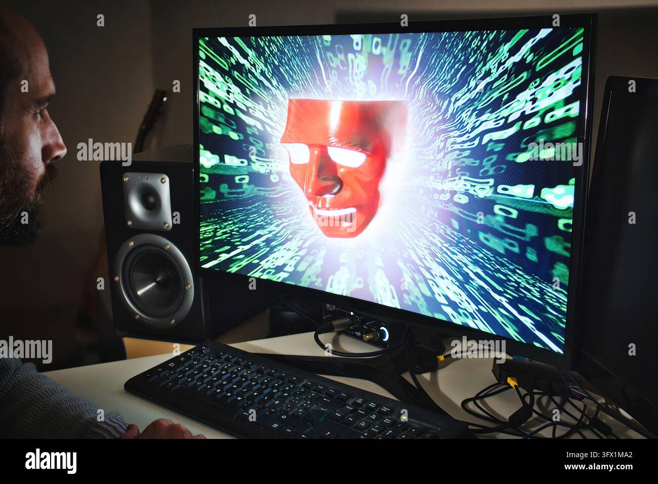 Intelligenza artificiale (A.I.) concetto di scienza - una persona bianca caucasica che utilizza un computer desktop con un 3D cyber bot generato digitalmente faccia emergenti Foto Stock