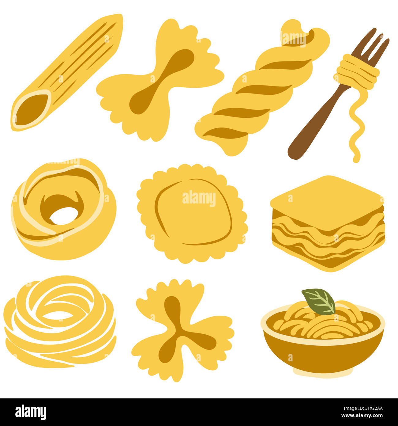 Illustrazione vettoriale di assortimento di pasta con forme di pasta italiana tra cui tubi penne, fiocchi farfalle, fusilli attorcigliati, ravioli ripieni, fogli di lasagna Illustrazione Vettoriale