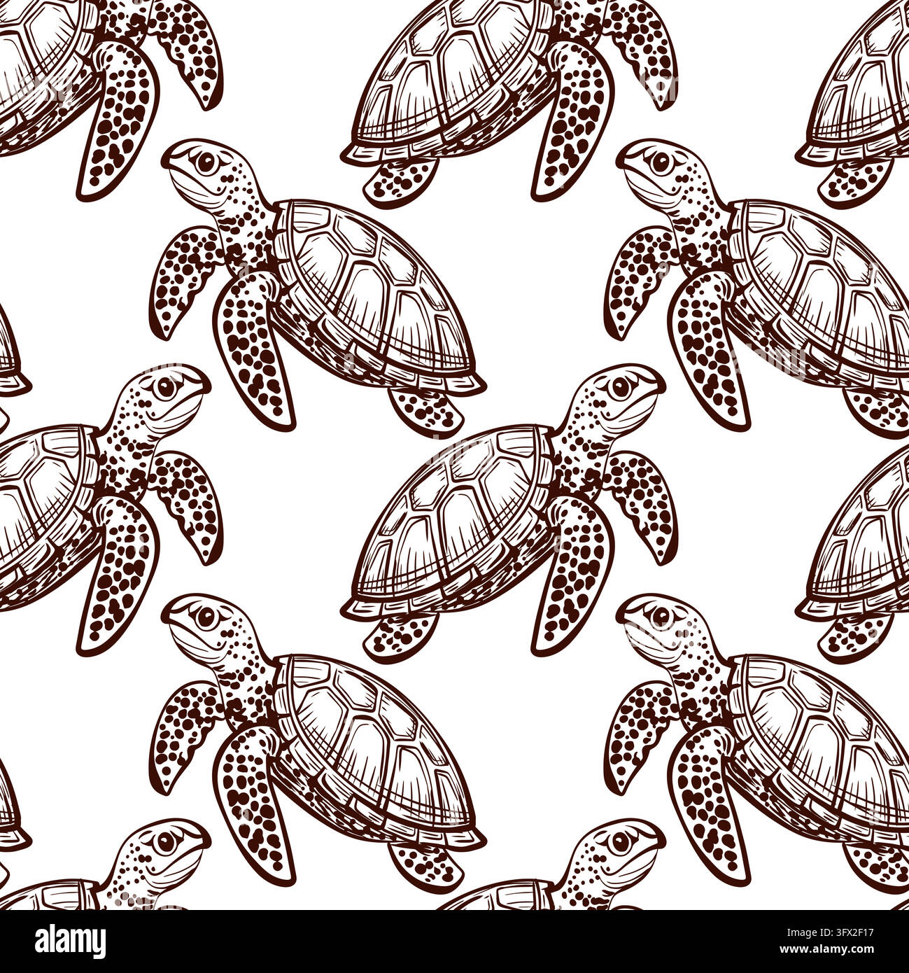 Modello senza cuciture di tartaruga marina con tartarughe ripetute con gusci decorati, pinne maculate e teste curve, ripetizione vettoriale dettagliata disegnata a mano con Illustrazione Vettoriale