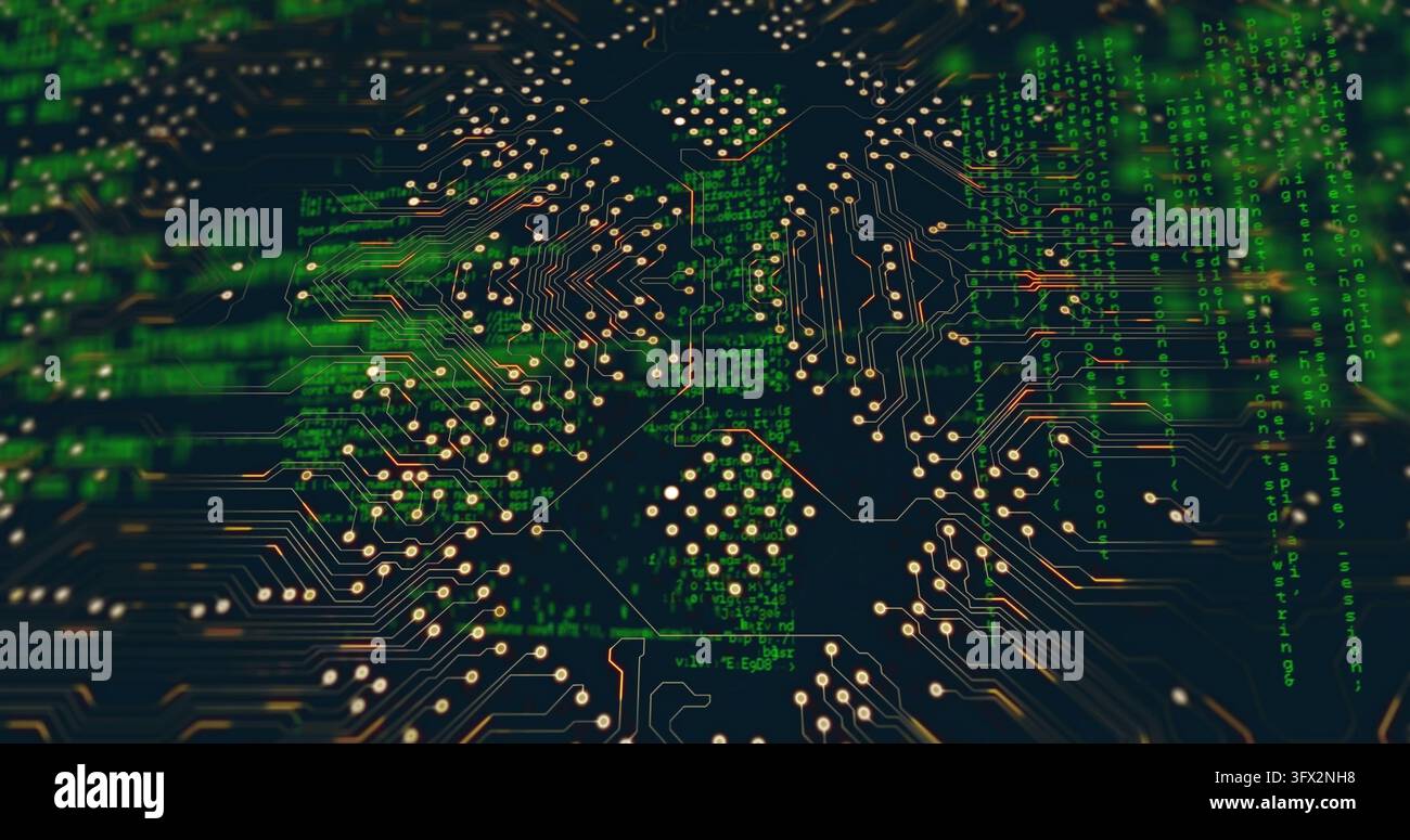 Mostra un PCB con pad dorati, tracce, via, cluster esadecimali, SMD, sovrastruttura di codice verde, primo piano in studio. Scheda, circuiteria, macro, neon, matrice, digitale, microfono Foto Stock