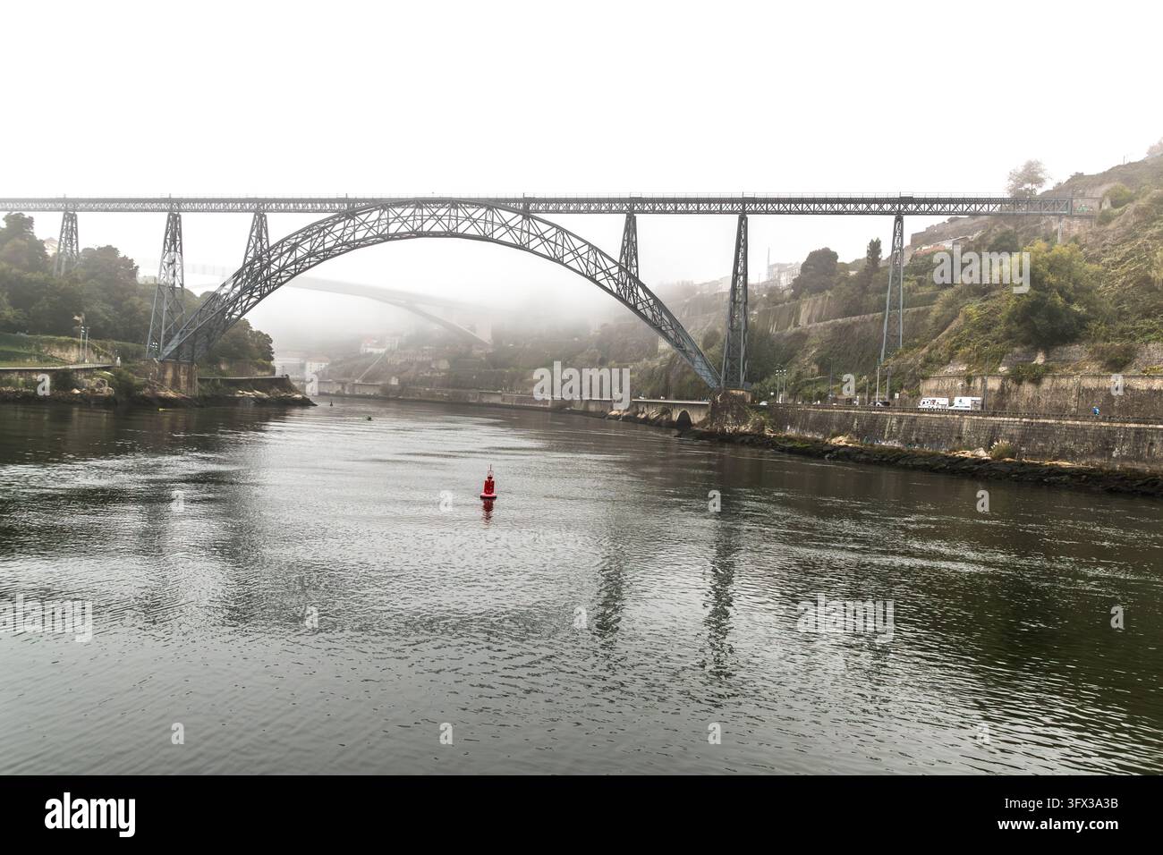 Il Ponte Maria Pia (Ponte di Maria Pia) si estende sul Douro tra Porto e Vila Nova de Gaia, in Portogallo, con un arco in acciaio di 160 metri. Gustave Eiffel e Théophile Seyrig hanno partecipato alla progettazione del ponte ferroviario, inaugurato nel 1877. I treni vi passarono fino al 1991. Una boa rossa galleggia in primo piano. Foto Stock