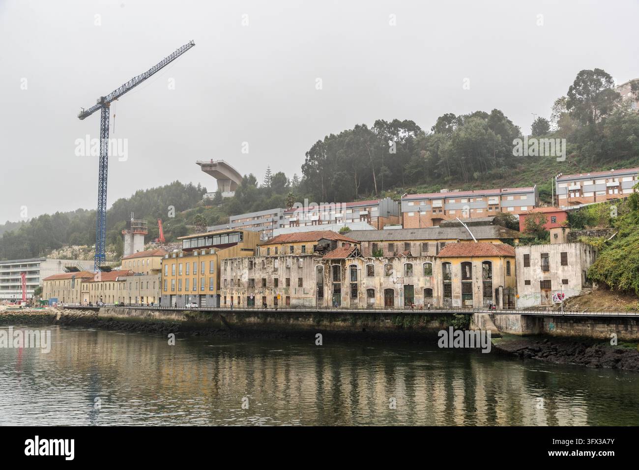 Edifici abbandonati con aperture vuote si ergono sulla riva del Douro vicino a Porto, Portogallo. Un edificio giallo si trova alla loro sinistra e i blocchi di appartamenti salgono il pendio dietro. Una gru per costruzioni e una sovrastruttura di ponte in cemento si innalzano sulla collina boscosa. Si tratta del Ponte Dona Antónia Ferreira (Ponte Dona Antónia Ferreira, popolarmente Ponte Ferreirinha) della linea metro Linha Rubi. Foto Stock