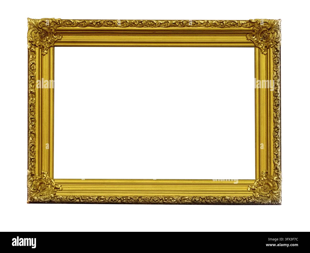 Cornice dorata ornata per quadri o opere d'arte, con design in stile barocco e rococò Foto Stock