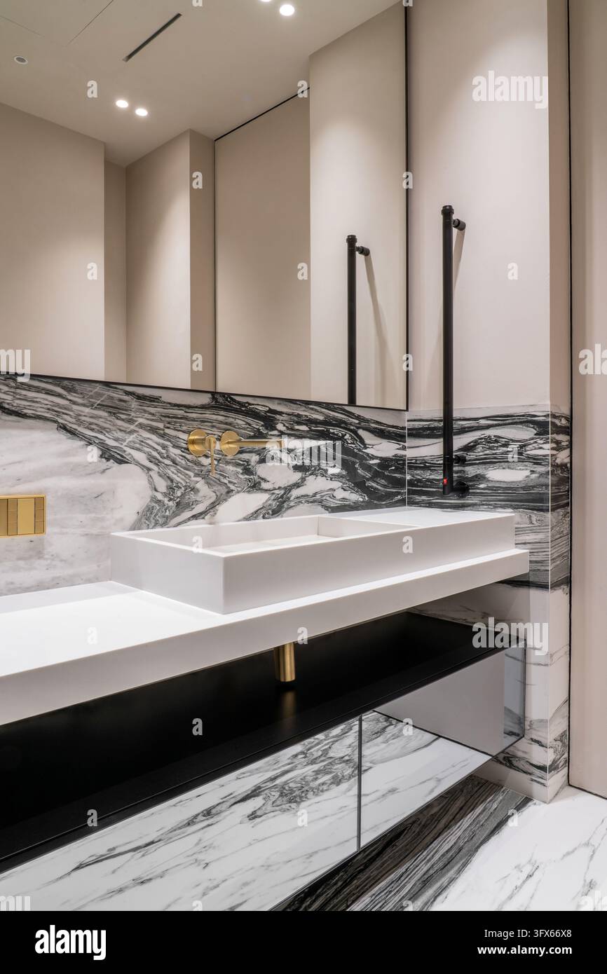 Mobiletto da bagno di lusso moderno con lavabo a vasca bianco, rivestimento in marmo bianco e nero e rubinetteria dorata Foto Stock