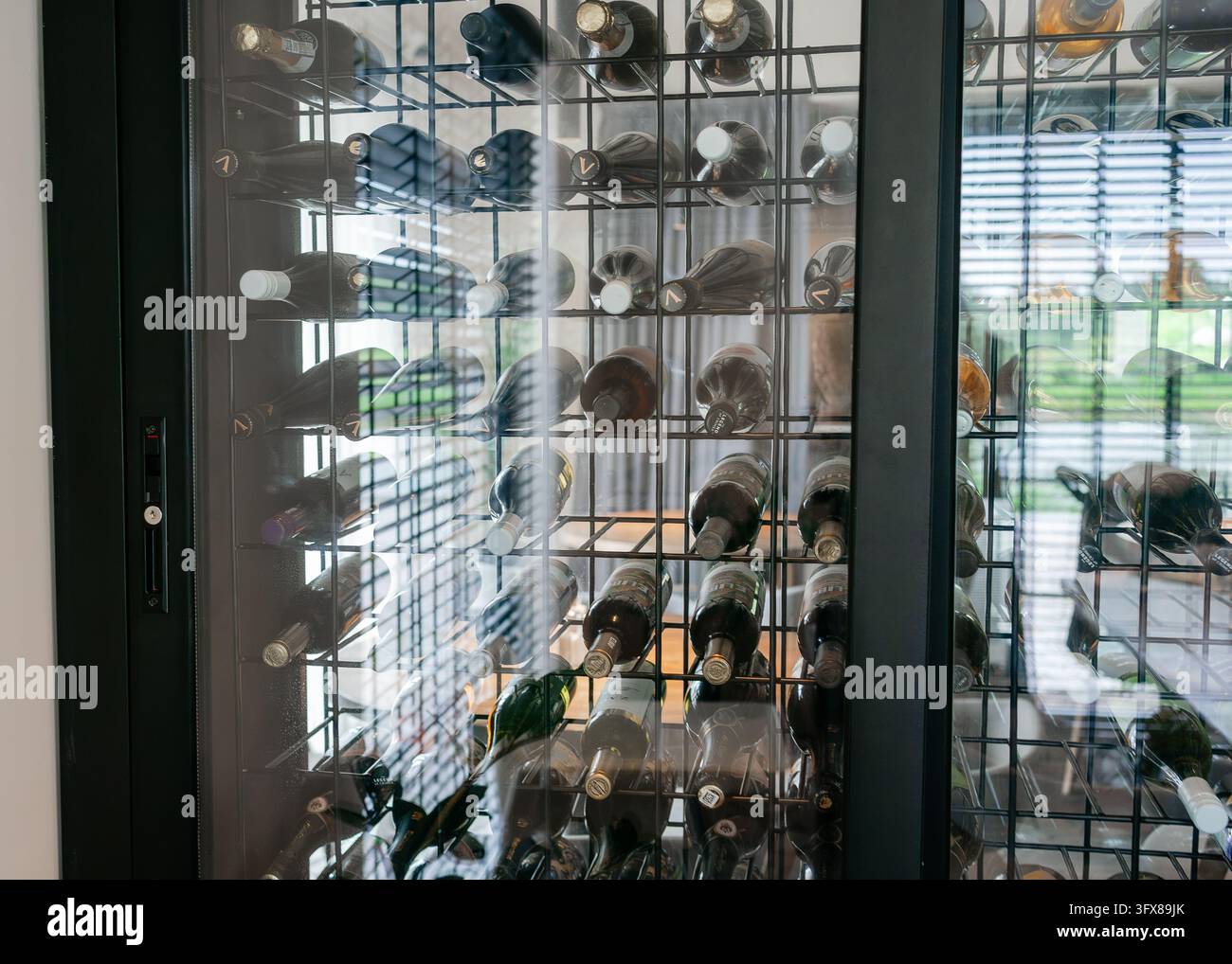 Elegante esposizione di una rastrelliera per vino in vetro in un ristorante o bar contemporaneo, che mette in risalto una collezione di vini di lusso, il controllo della temperatura e il design moderno Foto Stock