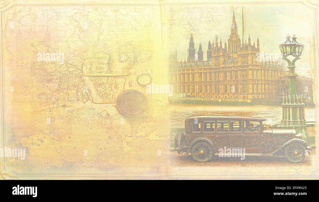 Elegante design di copertina vintage per libro con mappe antiche, architettura del vecchio mondo, un'automobile classica e texture storiche sbiadite su un Wr completo Foto Stock