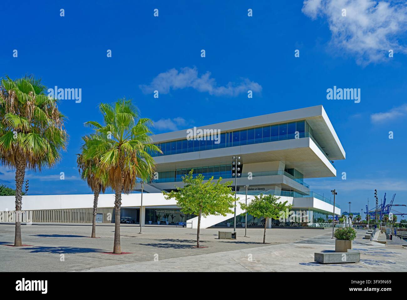 Vista del porto, casa degli eventi, Veles e Vents, palme Foto Stock