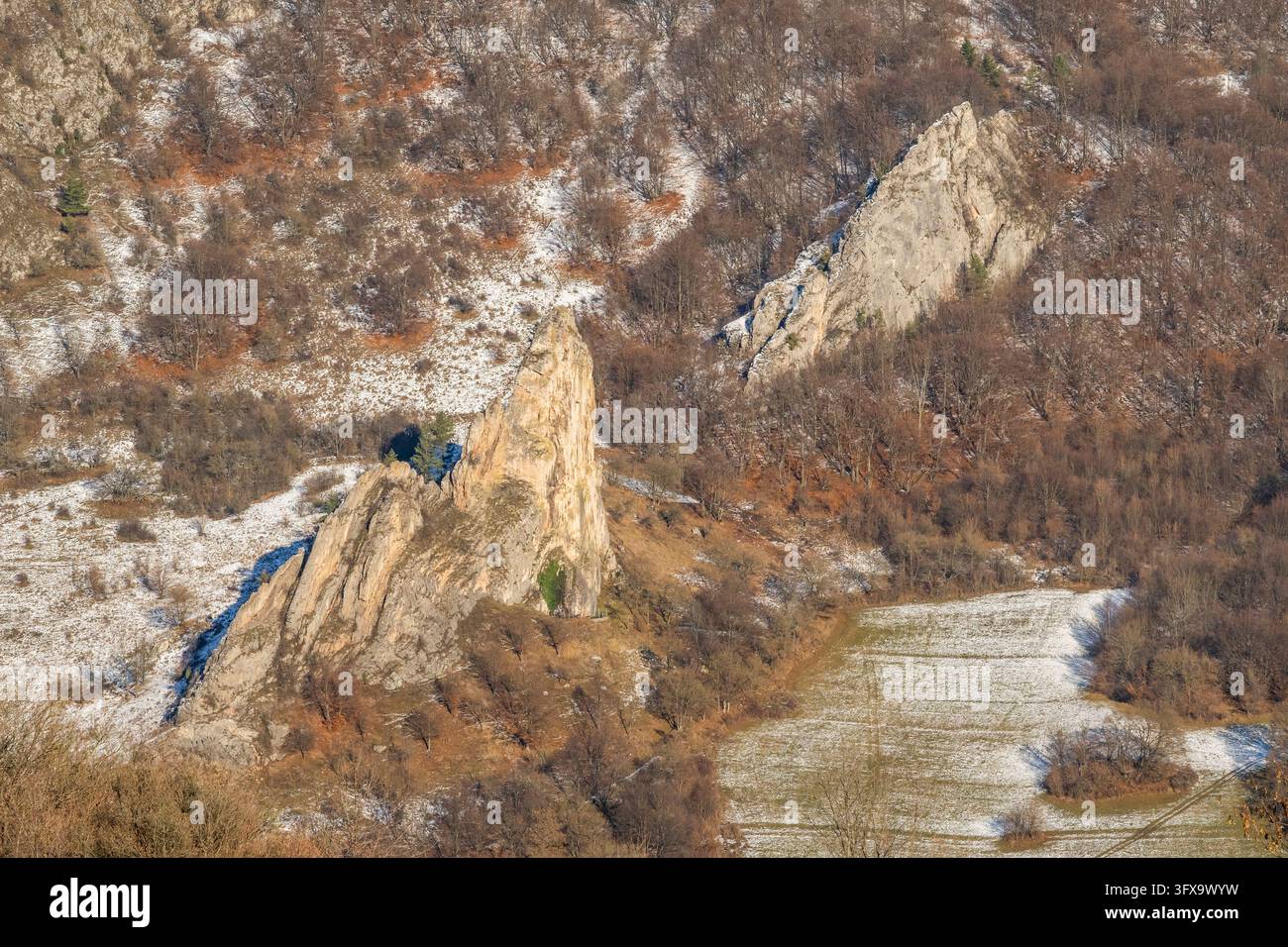 Scogliera di Červenokamenské (cervenokamenske bradlo), un enorme masso su una montagna con cespugli, alberi e prati in inverno, Vápeč, Horná Poruba, Slovacchia Foto Stock