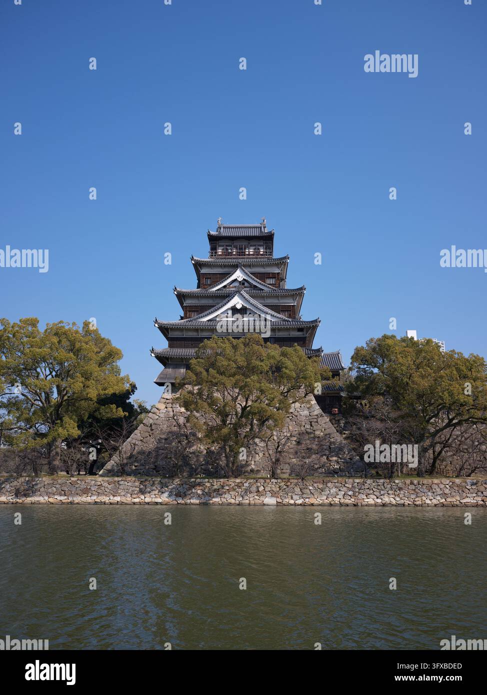 Il donjon del castello di Hiroshima si erge sopra gli alberi e un muro di pietra, Giappone. Foto Stock