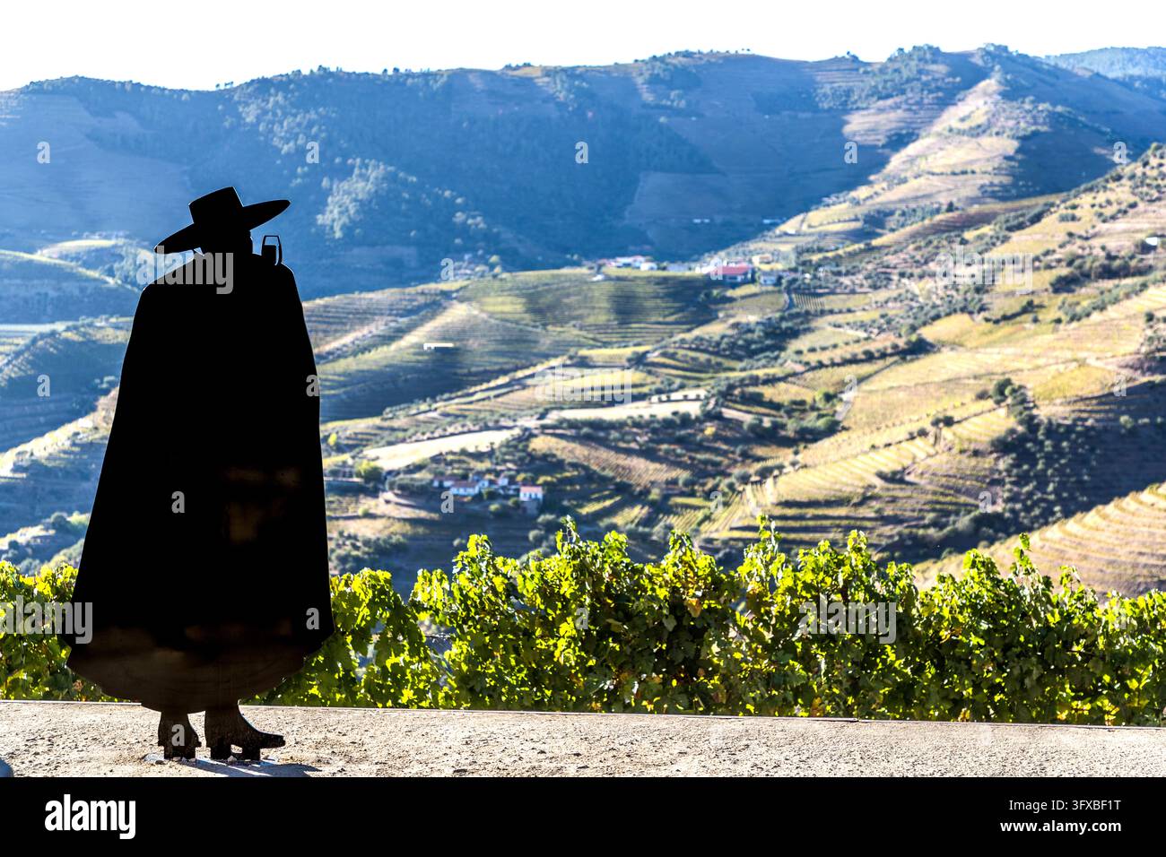 Una silhouette in metallo nero di una figura con mantello, cappello a tesa larga e piccoli supporti in vetro si trova di fronte a vigneti terrazzati vicino a Tabuaço, distretto di Viseu, Portogallo. Rappresenta il “Sandeman Don”, la figura logo del marchio di porto Sandeman. Il sito potrebbe trovarsi nella Quinta do Seixo, che appartiene al gruppo Sogrape dal 1987. Foto Stock