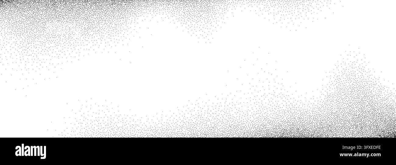 Sfondo texture di sabbia nera ondulata. Sovrapposizione di onde di sabbia a punti sfumati. Sfondo di polvere di sabbia puntinata con macchie, particelle, granuli. Carta da parati a grana rumore vettoriale a macchie per banner, poster, brochure Illustrazione Vettoriale