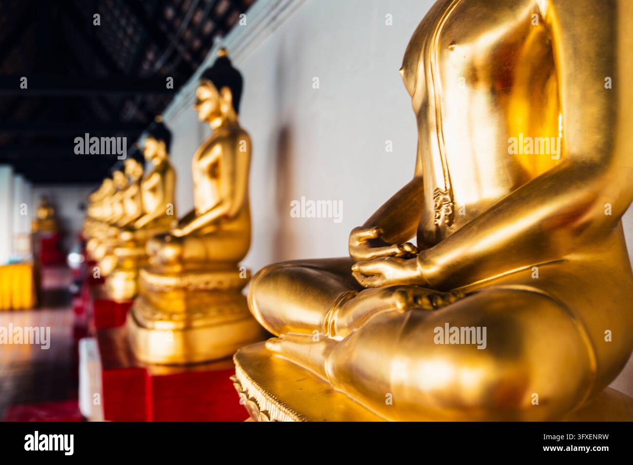 Statue di Buddha dorate sedute in posizione di meditazione all'interno della galleria di un tempio sacro. Scultura religiosa asiatica pacifica, fede buddista spirituale, sacra Foto Stock