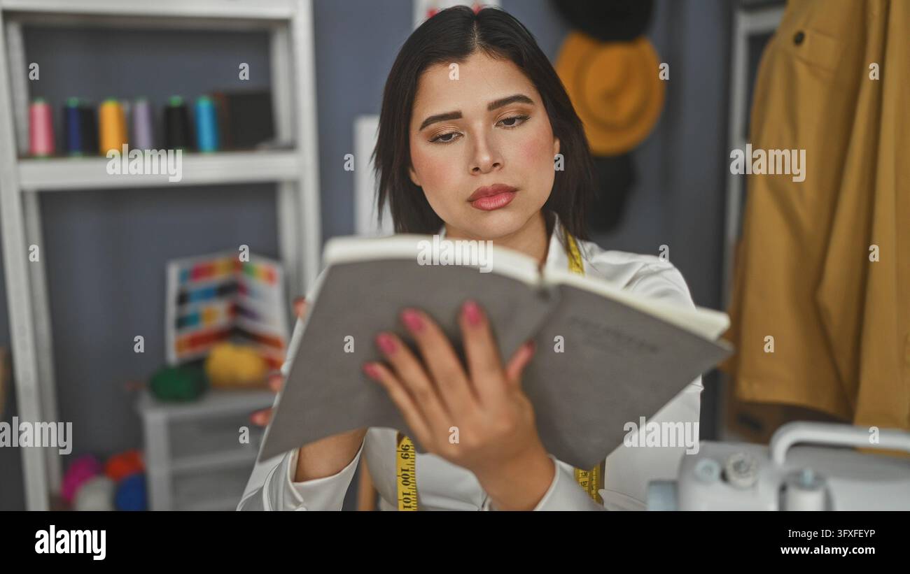 Sarta donna legge un taccuino con il metro a nastro appeso al collo e una mano che gira le pagine nello studio; concentrazione creatività. Foto Stock