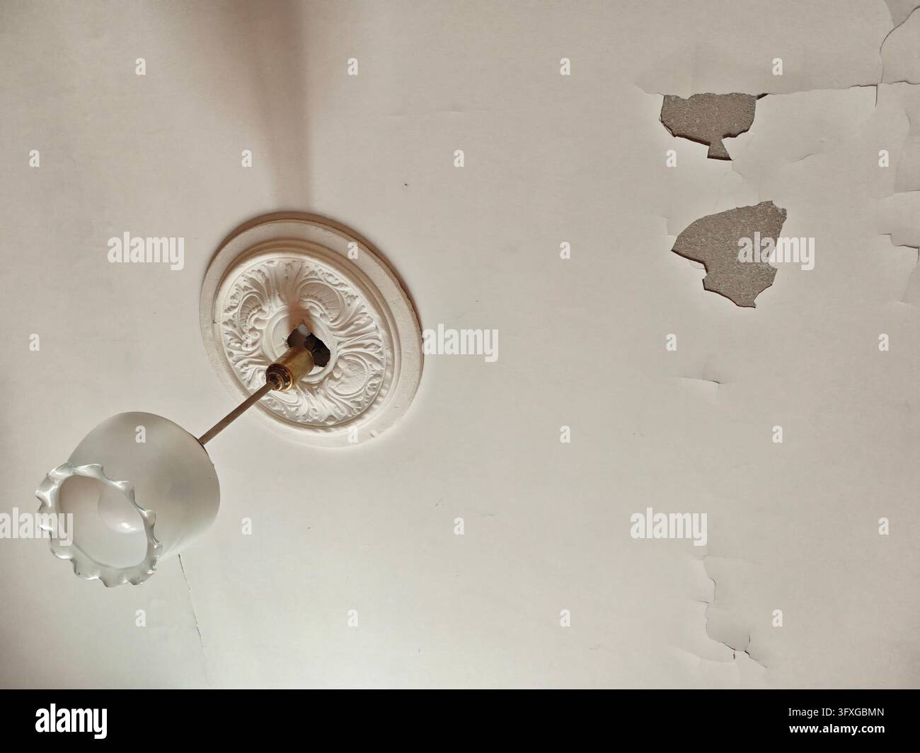 Un soffitto interno antico presenta ampie zone di vernice staccata e crepe vicino a una lampada a sospensione con un medaglione in stucco ornato per il concetto di riparazione Foto Stock