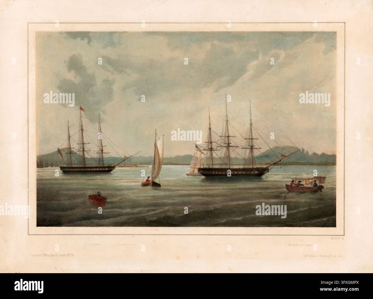 Fregate USS Constitution e USS Raritan all'ancora. Due famose navi da guerra della Marina americana del XIX secolo, l'historica USS Constitution (Old Ironsides) e la fregata USS Raritan, varata nel 1843. America, USA, storia americana. Riproduzione autentica restaurata digitalmente da un originale del XIX secolo. Data esatta della rappresentazione sconosciuta. Storica. Foto Stock