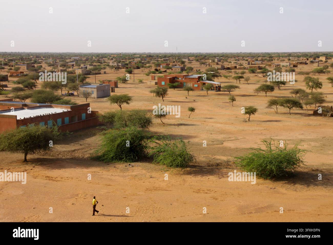 Persona che attraversa una pianura sabbiosa con alberi di acacia e edifici, Regione del Sahel, Markoye, Burkina Faso Foto Stock