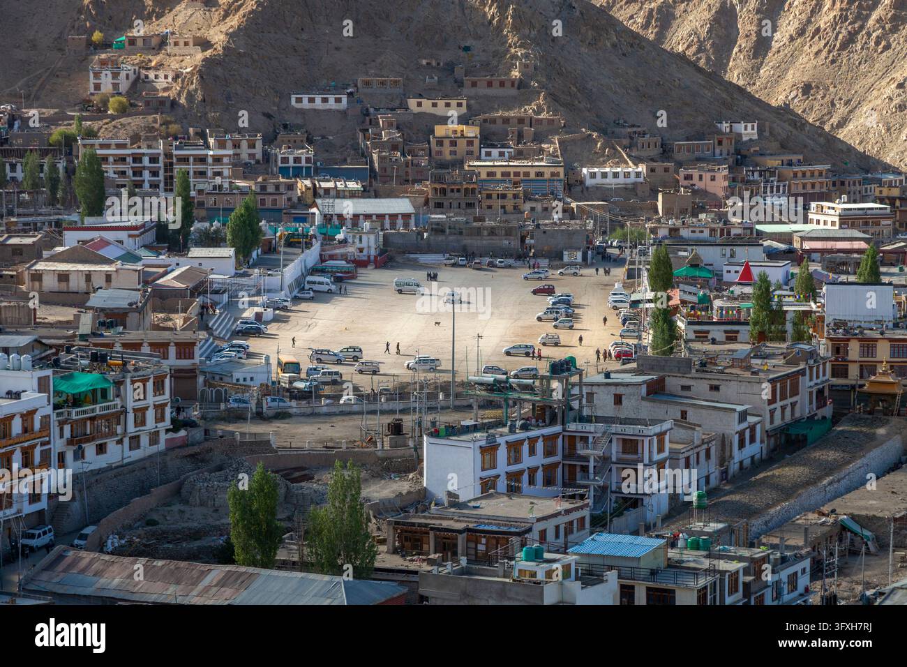 Piazza cittadina con auto parcheggiate circondata da case su una collina rocciosa, Ladakh, Leh, India Foto Stock