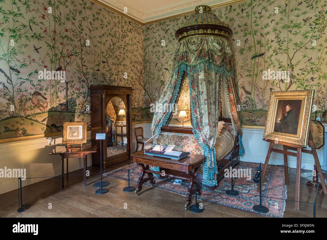 Camera da letto, interno di Chatsworth House, Derbyshire Dales Inghilterra Foto Stock