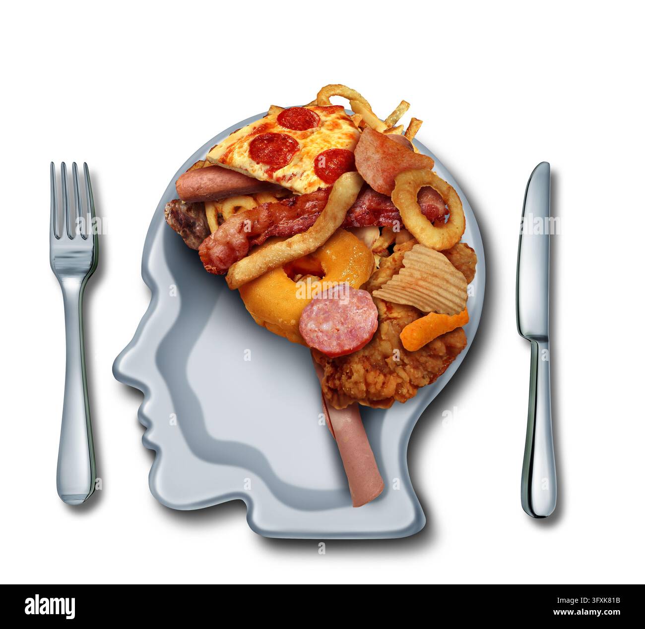 Una dieta ipercalorica e un'alimentazione grassa possono danneggiare la memoria e le funzioni cognitive disturbando la comunicazione delle cellule cerebrali e danneggiando le connessioni sinaptiche. Foto Stock