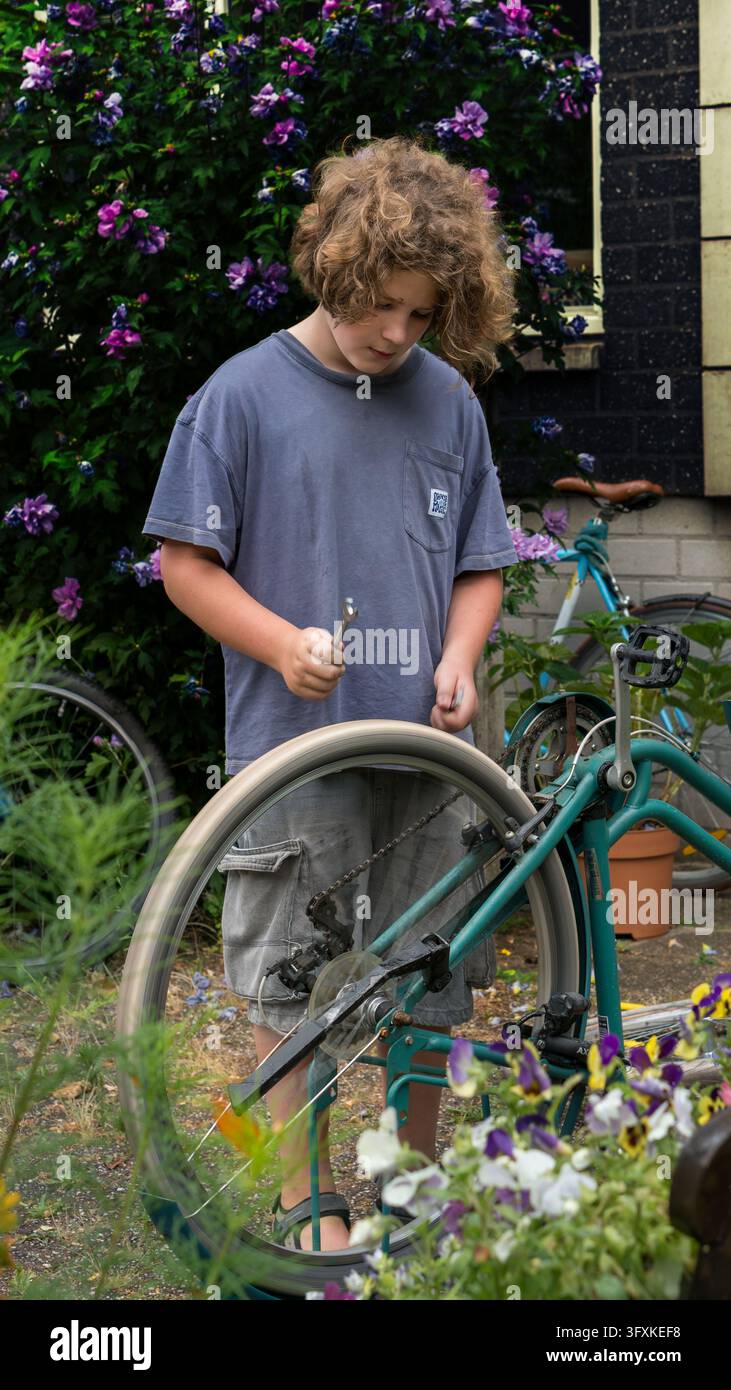 Ragazzo di dodici anni che lavora su una bicicletta capovolta accanto a piante in fiore fuori da una casa ad Amsterdam. Foto Stock