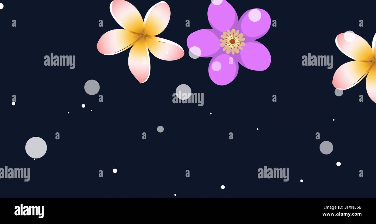 Mostra tre fiori stilizzati disposti lungo il bordo superiore su uno sfondo sfumato blu scuro, con bokeh. Minimalista, vettore, floreale, petali, decorativo, a Foto Stock