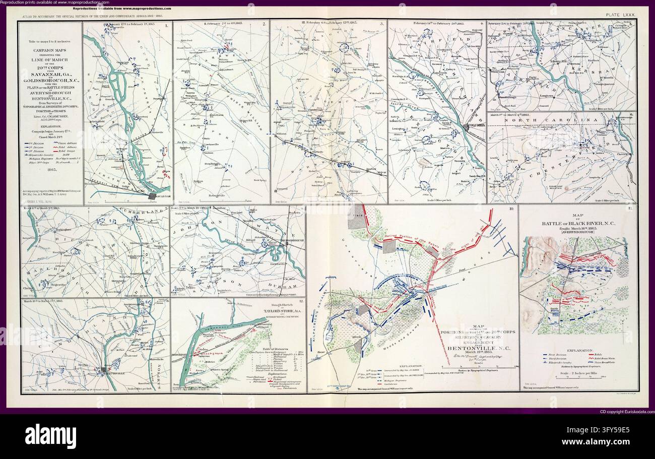 SEATTLE - 11 OTT. 2025 - Mappe della campagna militare della Guerra Civile del 1865 che mostrano movimenti delle truppe, campi di battaglia, tattiche e operazioni strategiche su carta antica Foto Stock