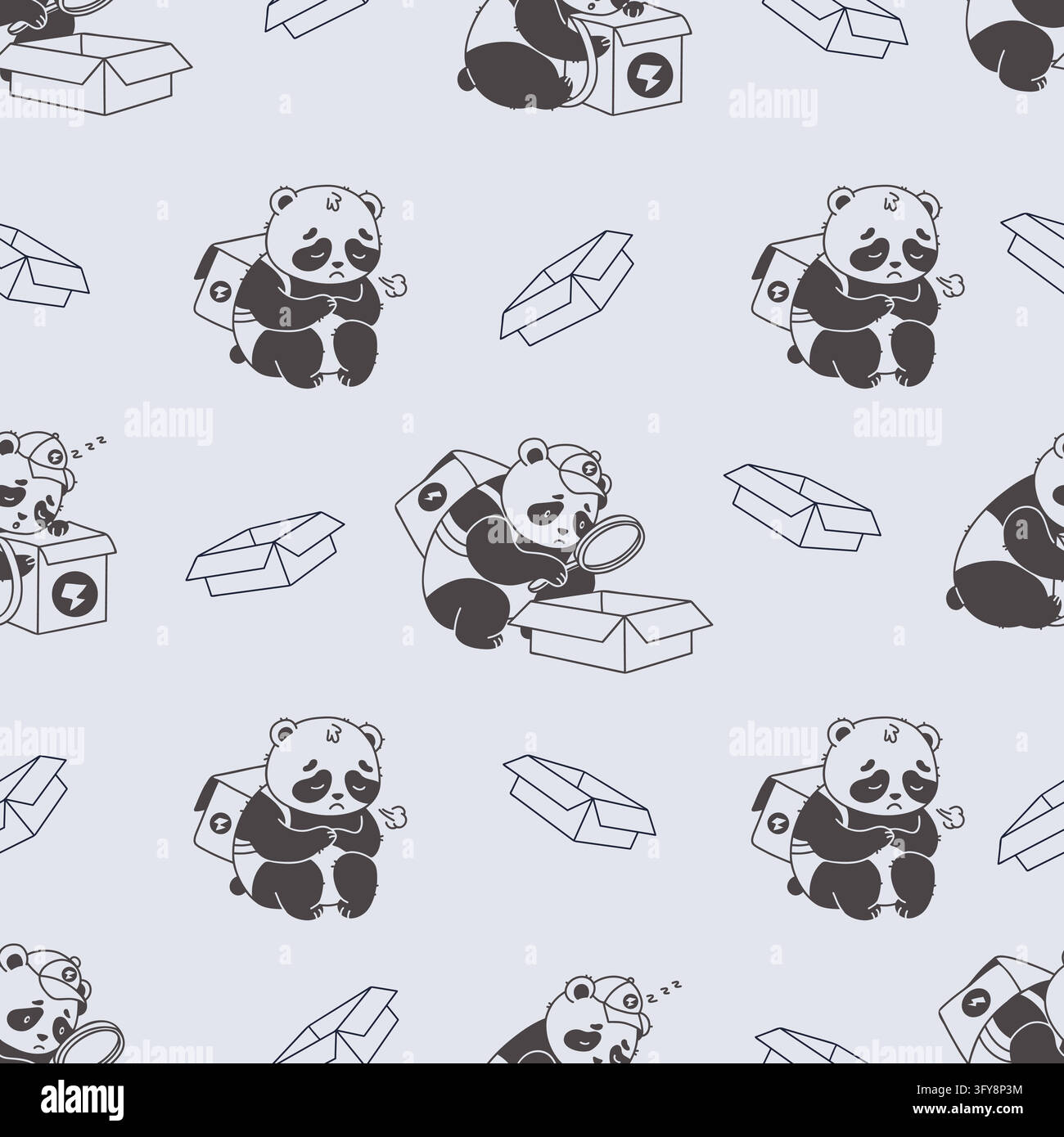 Motivo a sé steso Doodle con panda triste e carino. Mascotte del fattorino stanco con borsa termica e lente d'ingrandimento su sfondo grigio. Illustrazione vettoriale Illustrazione Vettoriale