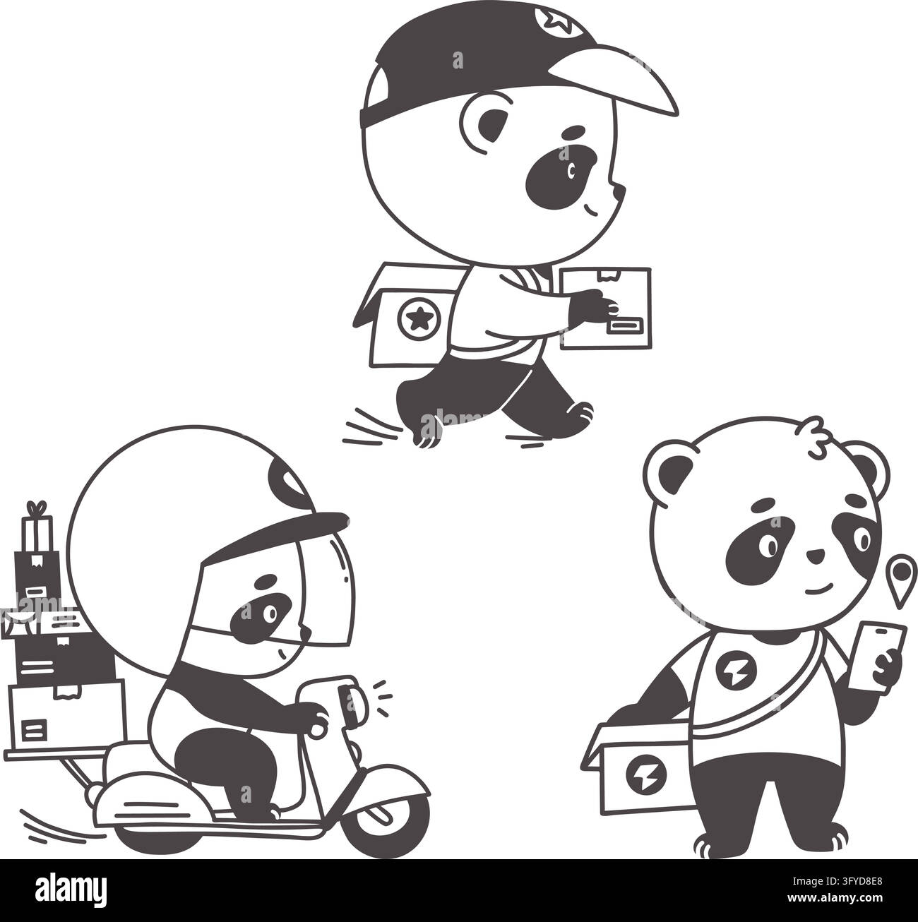 Simpatico corriere panda che corre con lo zaino per pacchi e guida uno scooter con scatole e navigazione smartphone. Set di mascotte orso per consegna espressa. Ve isolato Illustrazione Vettoriale