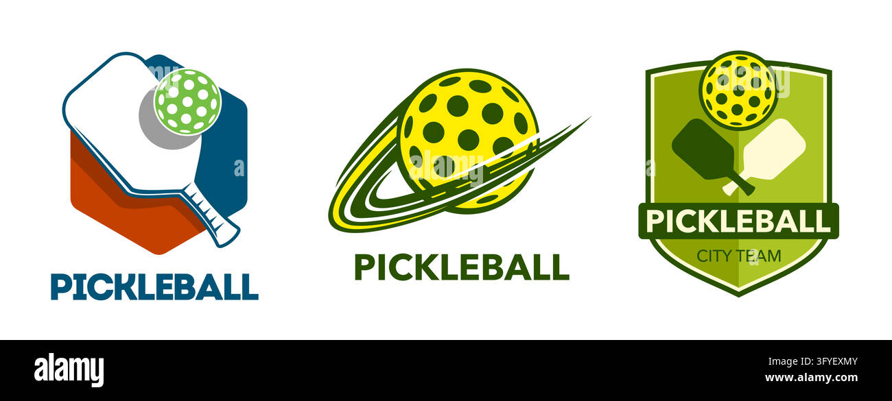 Icone sportive di pickleball di racchette e palline con segno Swoosh. Set di badge di scudo isolati per l'attrezzatura del giocatore di pickleball, maglietta del club sportivo p Illustrazione Vettoriale