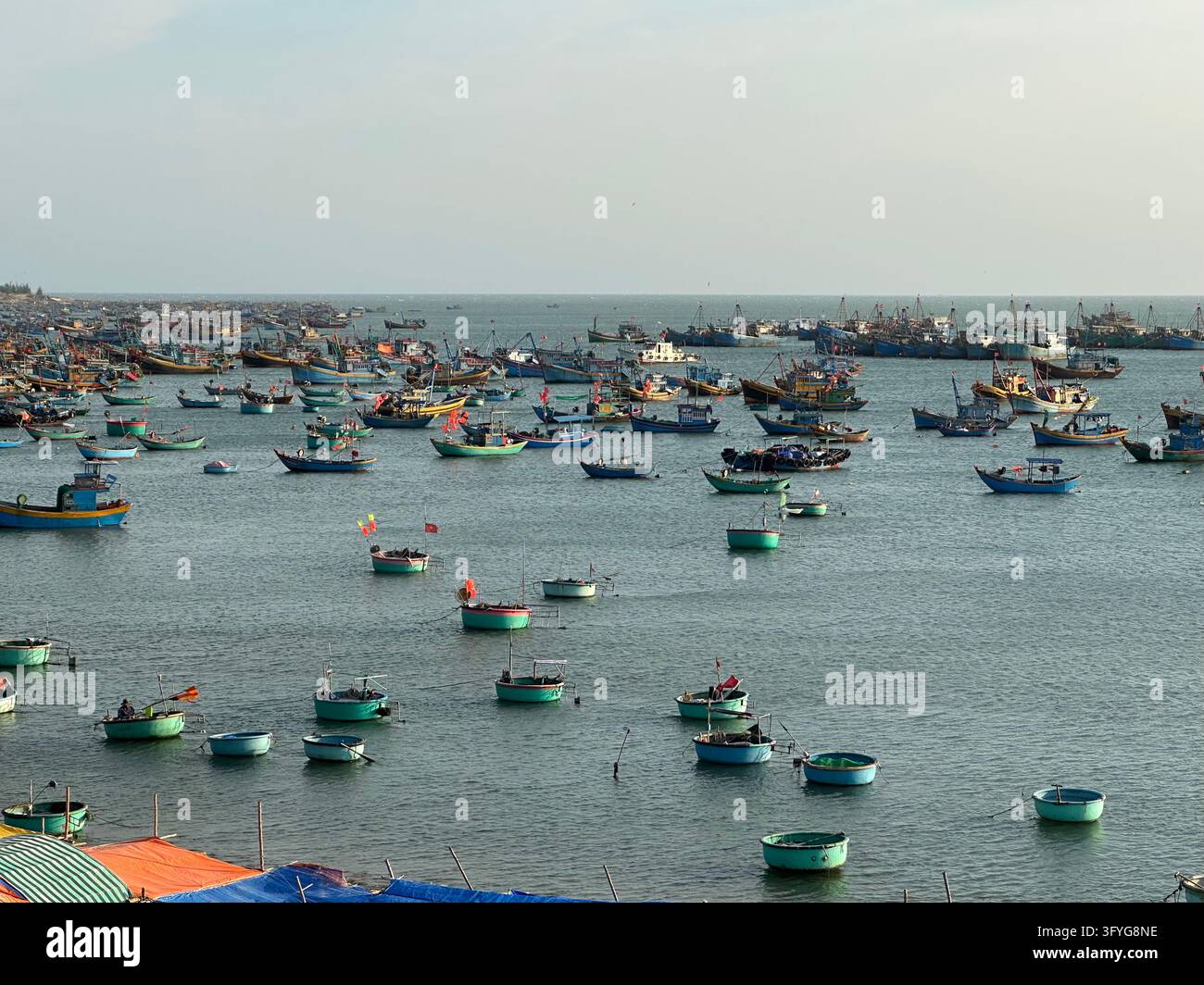 Barche da pesca e barche rotonde in cestino ancorate in una baia di mare calma. Numerosi pescherecci tradizionali e barche rotonde in cestino che galleggiano in un mare blu calmo Foto Stock