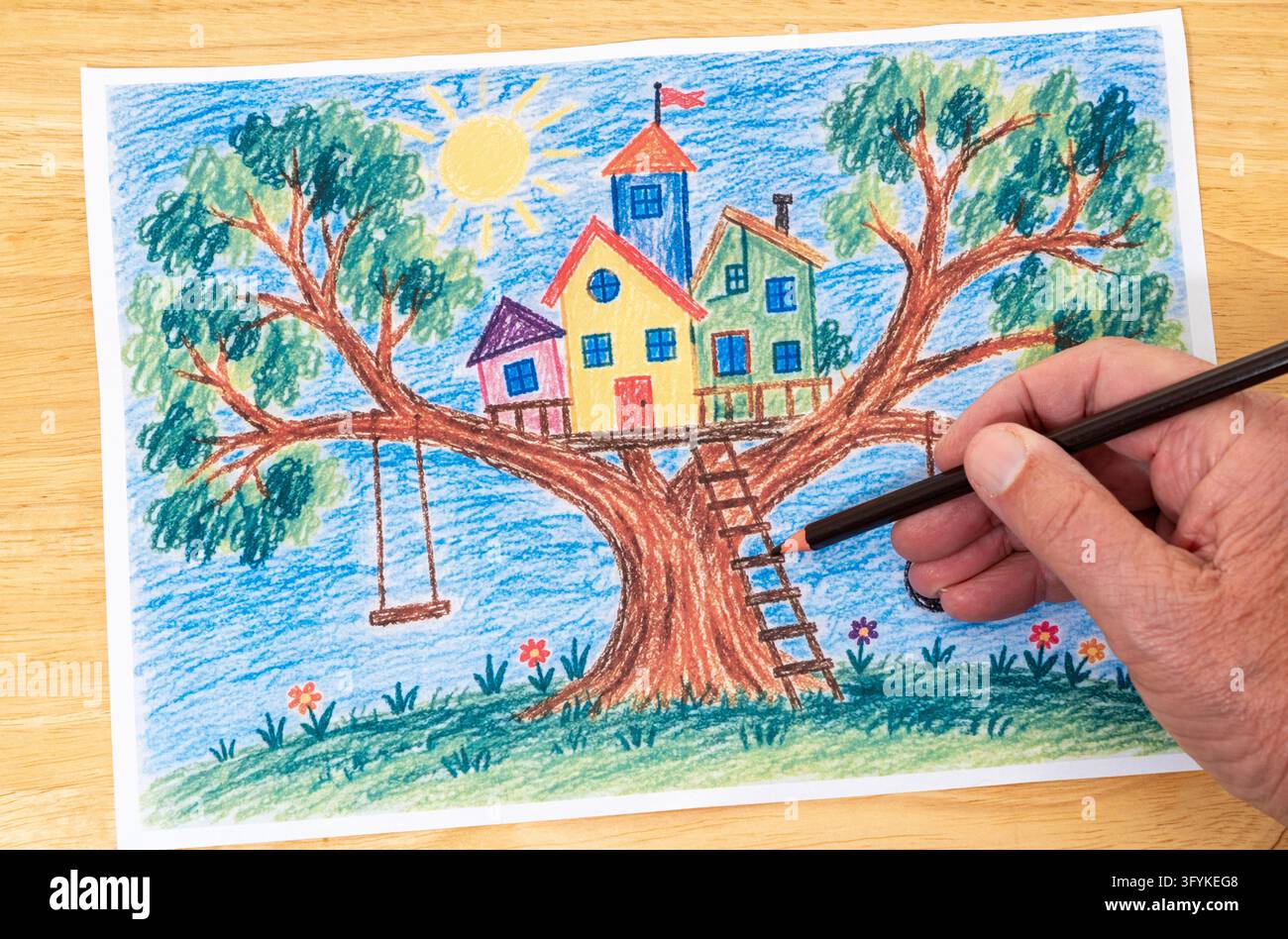 Un disegno di una casa sull'albero fatto a mano Foto Stock