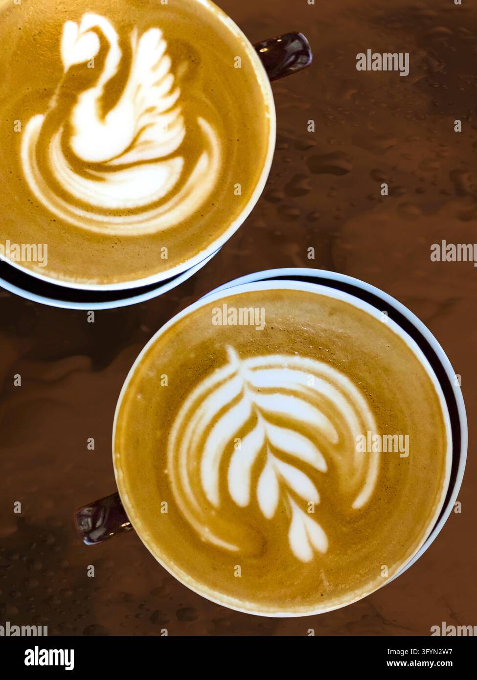 Due tazze di caffè espresso con disegni a vortice di crema a forma di cigno e foglia. Vista dall'alto. Spazio per il testo. Foto Stock