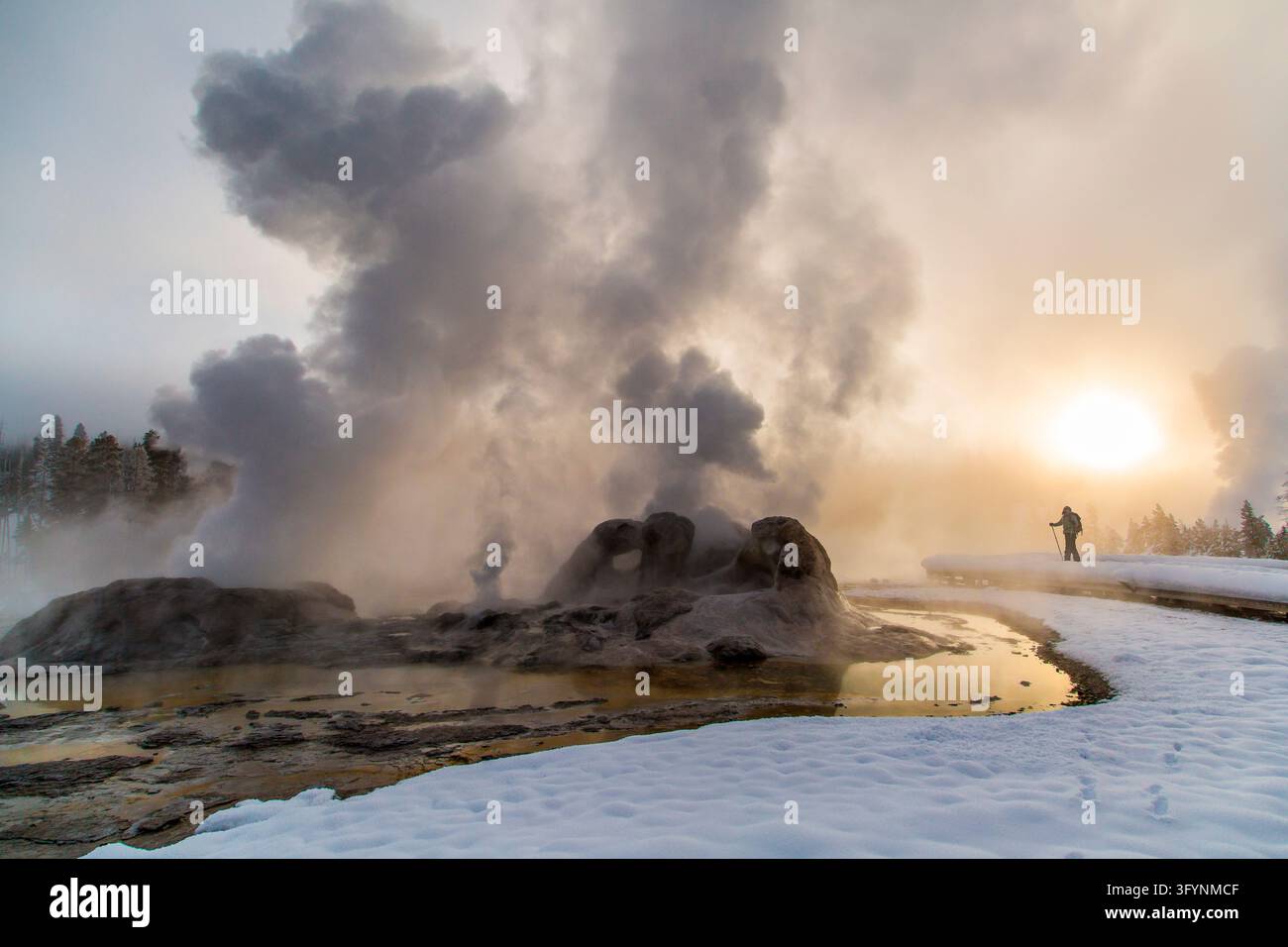 Uno sciatore solitario si staglia contro la luce del mattino vicino al Grotto Geyser all'alba, circondato da pennacchi di vapore geotermico e terreno coperto di neve nel Parco Nazionale di Yellowstone, Wyoming, USA. Il geyser attivo emette nuvole di vapore acqueo nell'aria frizzante dell'inverno mentre l'alba si apre sopra il bacino termale, evidenziando il contrasto sorprendente tra le temperature ambiente gelide e l'attività idrotermale vulcanica. Una versione ottimizzata di un'immagine del US National Park Service. Credit: NPS / N Herbert Foto Stock