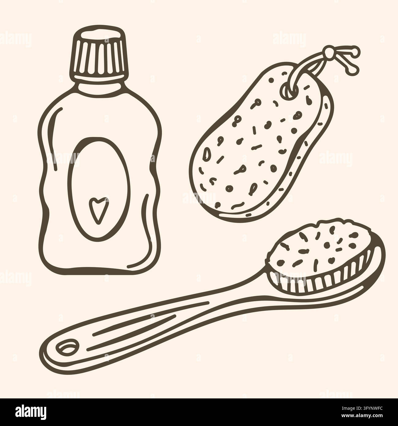Set per la cura del corpo con flacone di lozione, pietra pomice sospesa e spazzola a manico lungo. Disegno semplice a mano Illustrazione Vettoriale