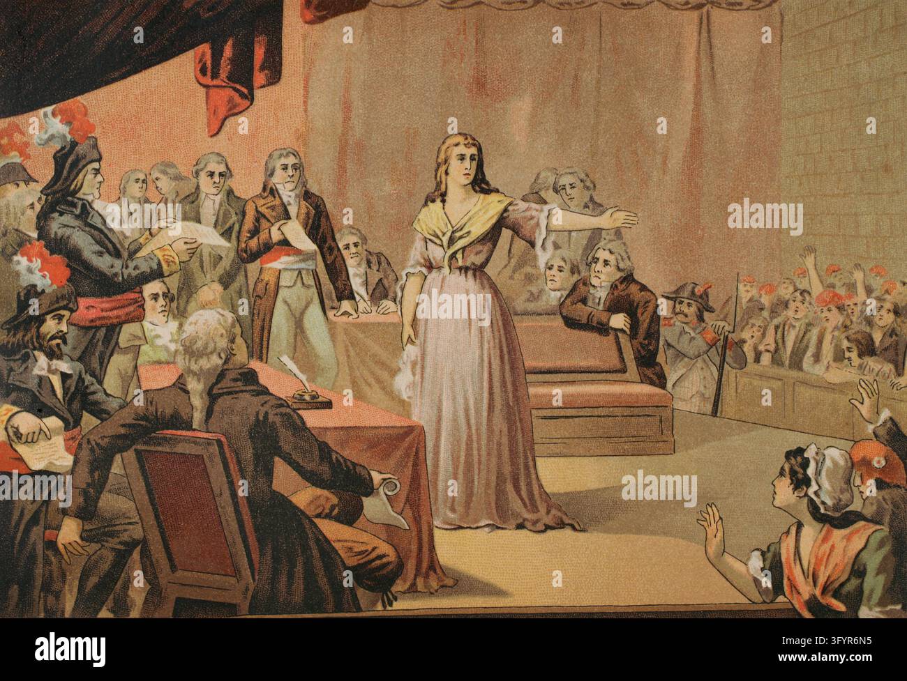Marie Antoinette (1755-1793). Regina consorte di Francia per il suo matrimonio con Luigi XVI di Francia. Marie-Antoinette di fronte al Tribunale rivoluzionario nel 1793. Fu condannata a morte il 16 ottobre 1793. Illustrazione di Jose Passos. Cromolitografia. "Los Girondinos" (Revolucion Francesa) (I Girondini, Rivoluzione francese), di A. de Lamartine. Volume II. Pubblicato a Barcellona, 1904. Foto Stock