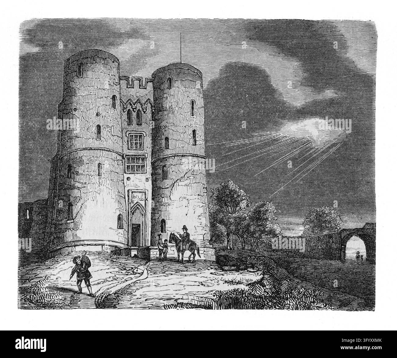 Rovine del castello di Fotheringhay – sito storico dell’esecuzione di Maria Stuarta, con figure a piedi e a cavallo davanti al portale a due torri. Foto Stock