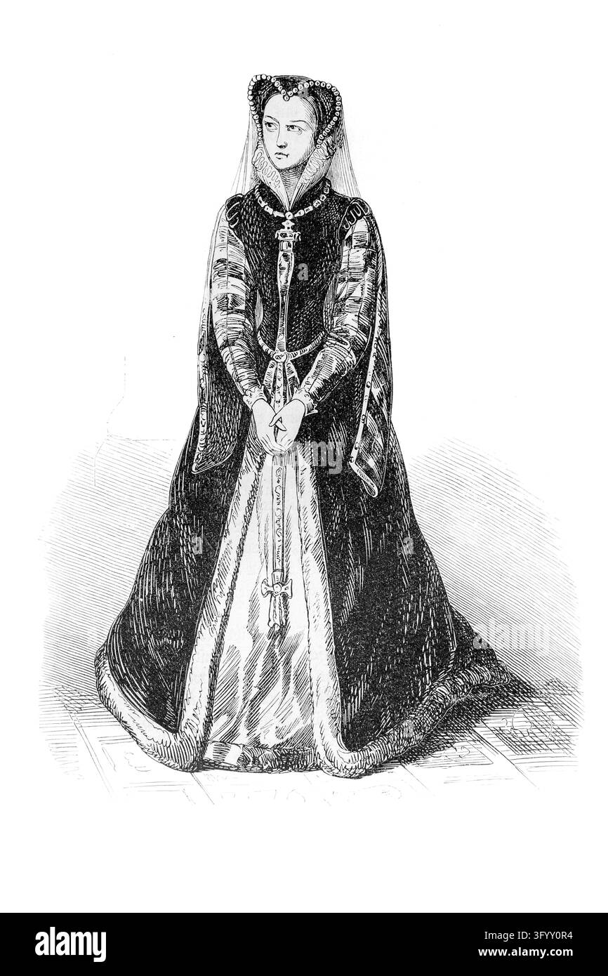 Maria, Regina di Scozia — ritratto a figura intera della monarcha del XVI secolo in abiti reali, con un cappuccio francese con perle, un abito scuro foderato di pelliccia. Foto Stock